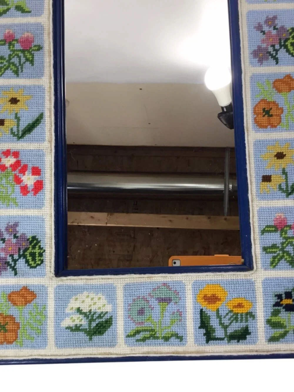 Vtg Finished Framed Needlepoint Wall Mirror Flowers Floral 23 x 16.5 Handmade